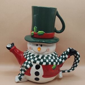 Vintage Christmas Snowman Ceramic Teapot With Cup Made By Ganz 8.5" Tall